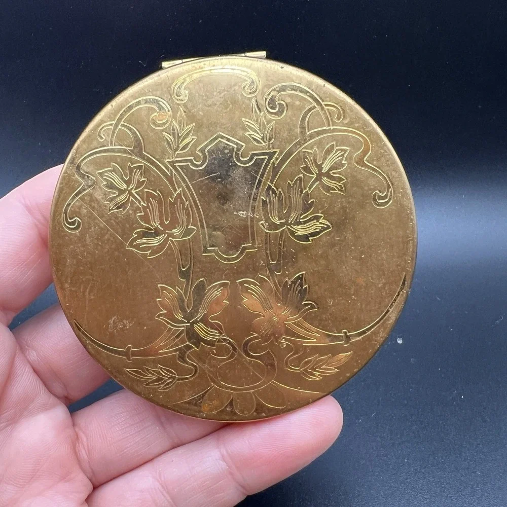 Elgin American Compact Mirror Case Gold Tone w/ Flowers 1940's Made USA Vintage